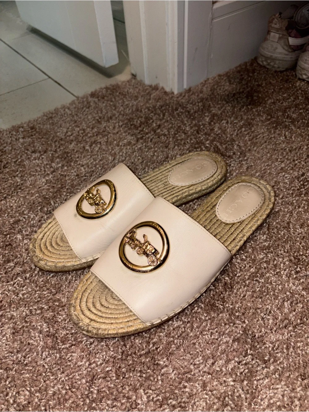 COACH Women's Ivory Leather Slide Sandals with Gold Logo